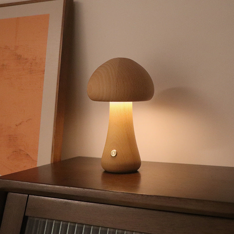 Wooden mushroom night light glowing