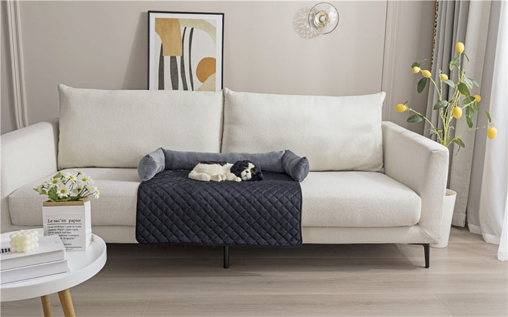 Plush dog sofa bed and furniture protector with curved sides