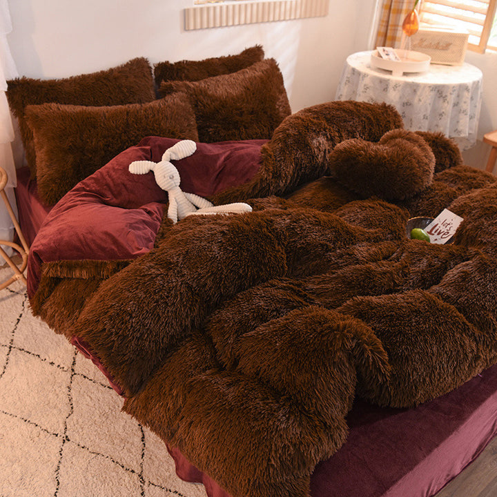 Fluffy plush bedding set on a double bed