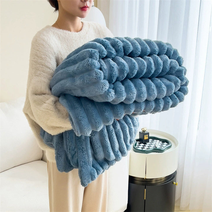 Double-sided faux rabbit fur blanket with soft bubble texture