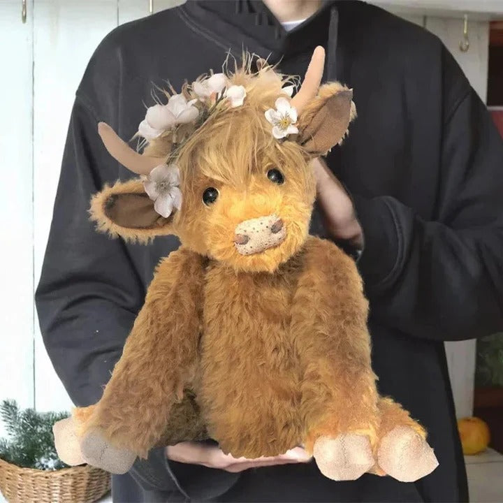 Havenholt Handmade Highland Cow Plush with Floral Headpiece