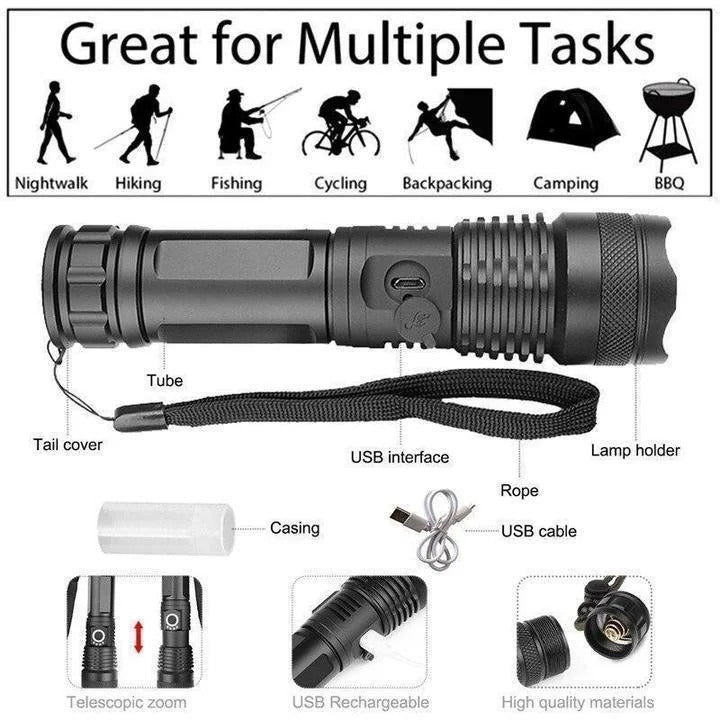 Rechargeable XHP502 LED Tactical Flashlight with Bright Beam