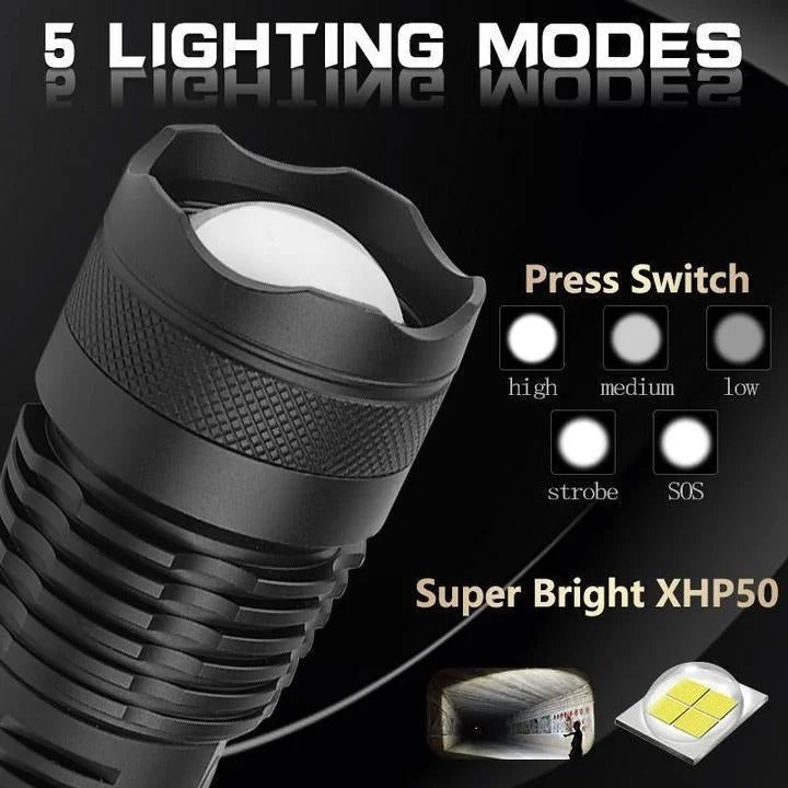 Rechargeable XHP502 LED Tactical Flashlight with Bright Beam