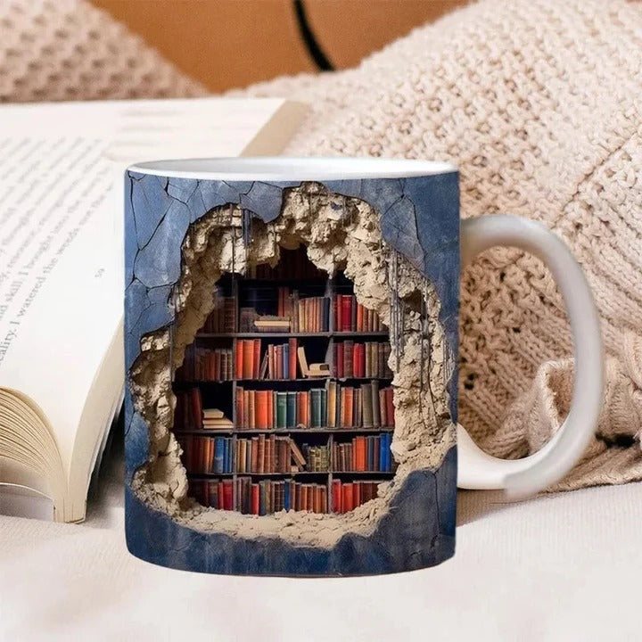 3D Bookshelf Ceramic Mug, Literary-Themed Coffee Cup