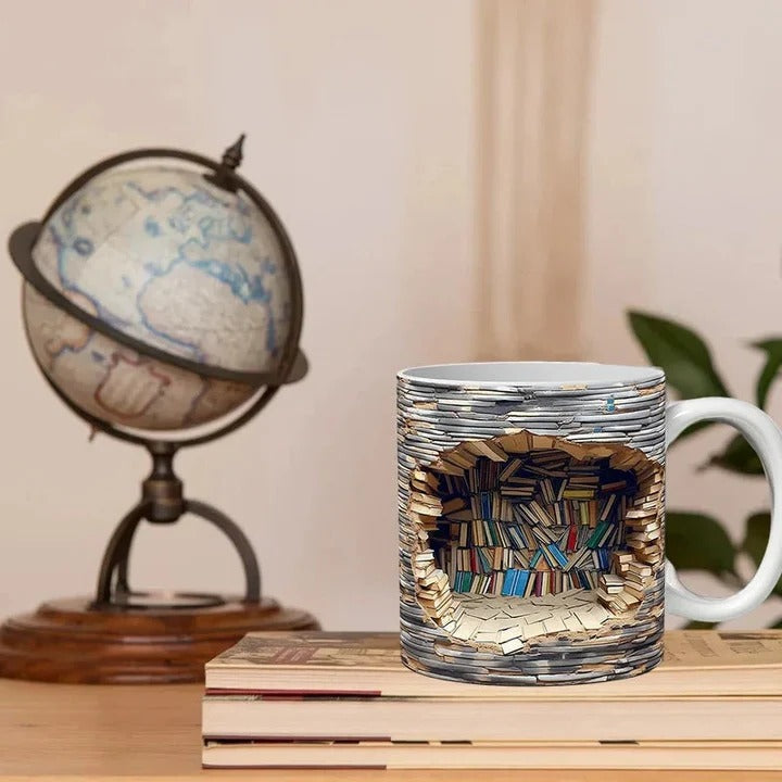 3D Bookshelf Ceramic Mug, Literary-Themed Coffee Cup