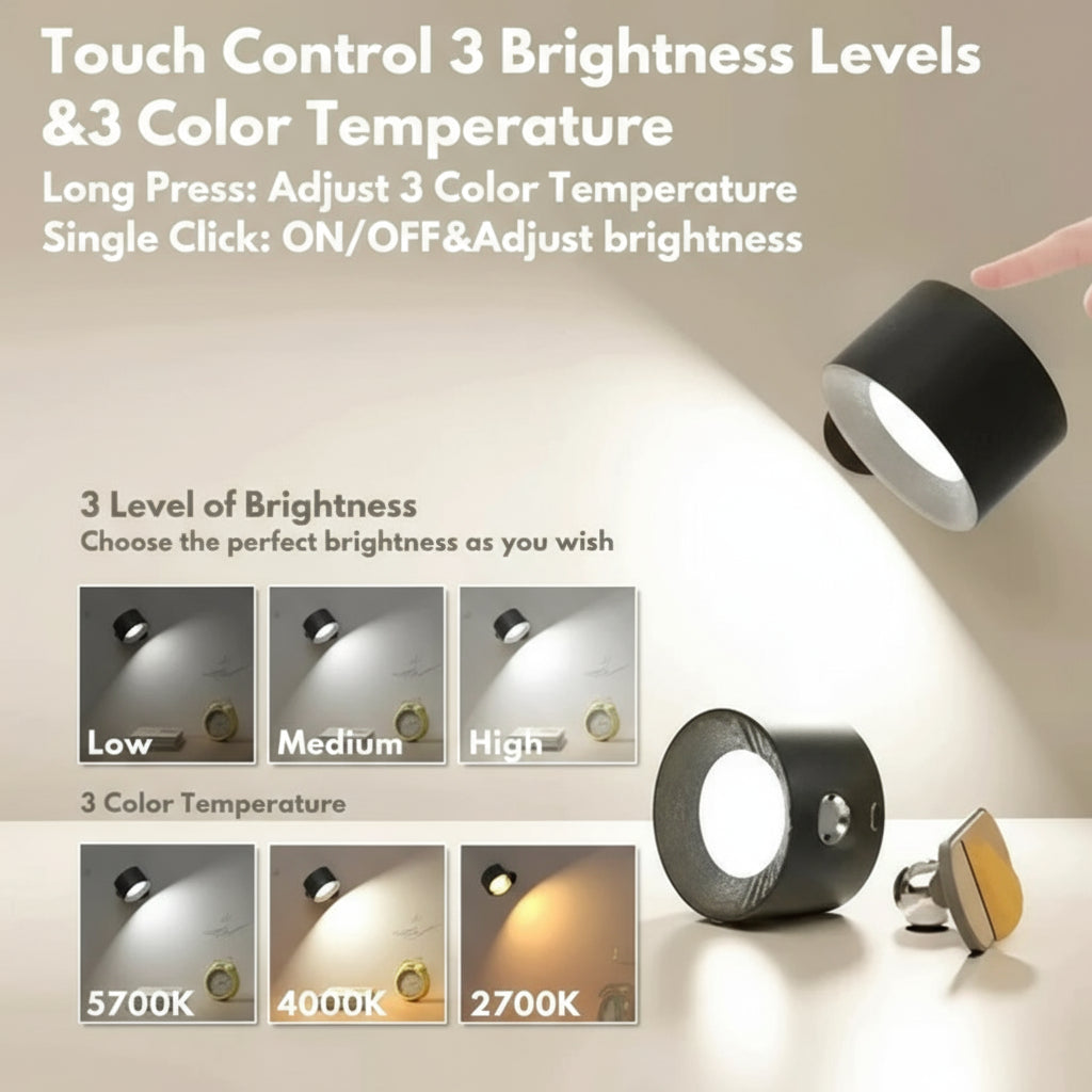 Rotating Wall Lamp, Cordless LED for Home