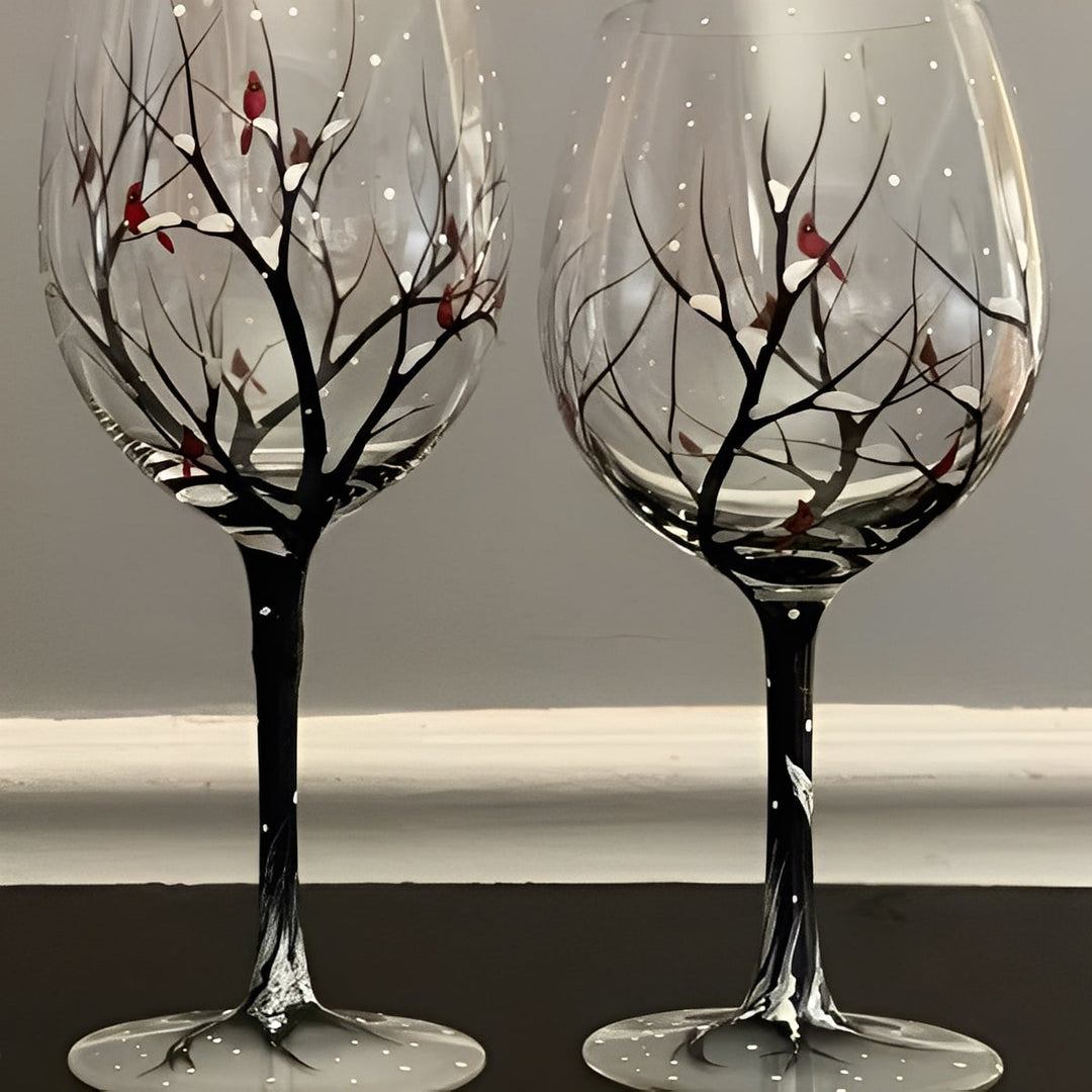 Art Wine Glasses Hand Painted Four Seasons of Tree Design