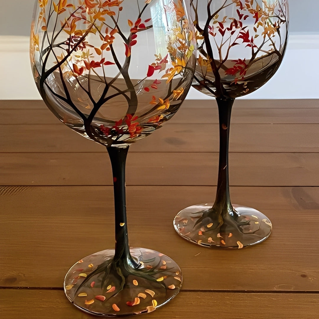 Art Wine Glasses Hand Painted Four Seasons of Tree Design