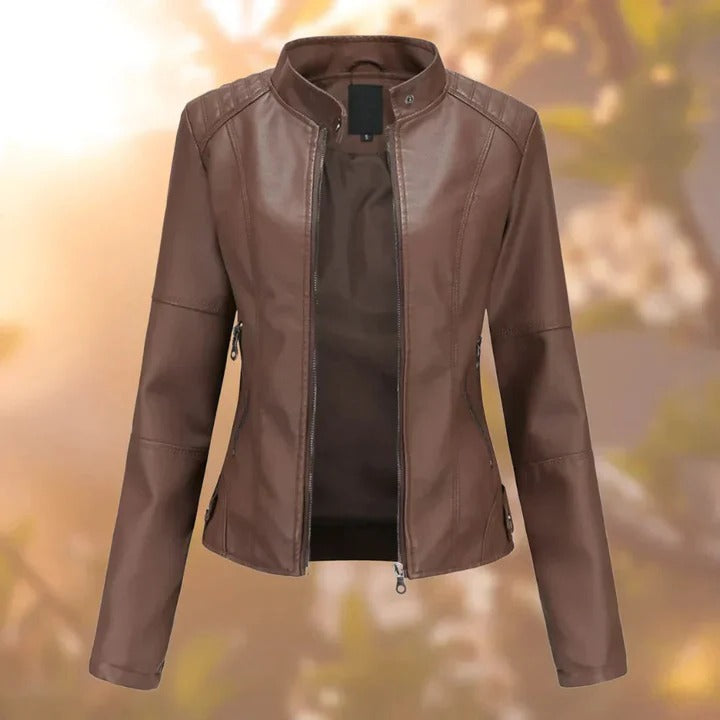 Leather Jacket for Women with Zipper and Pockets