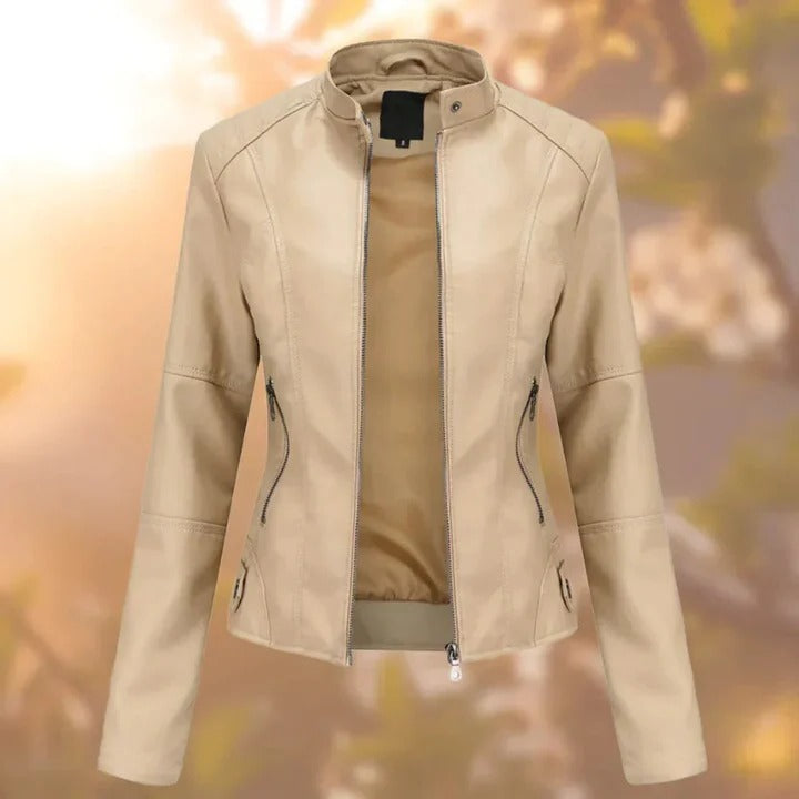 Leather Jacket for Women with Zipper and Pockets