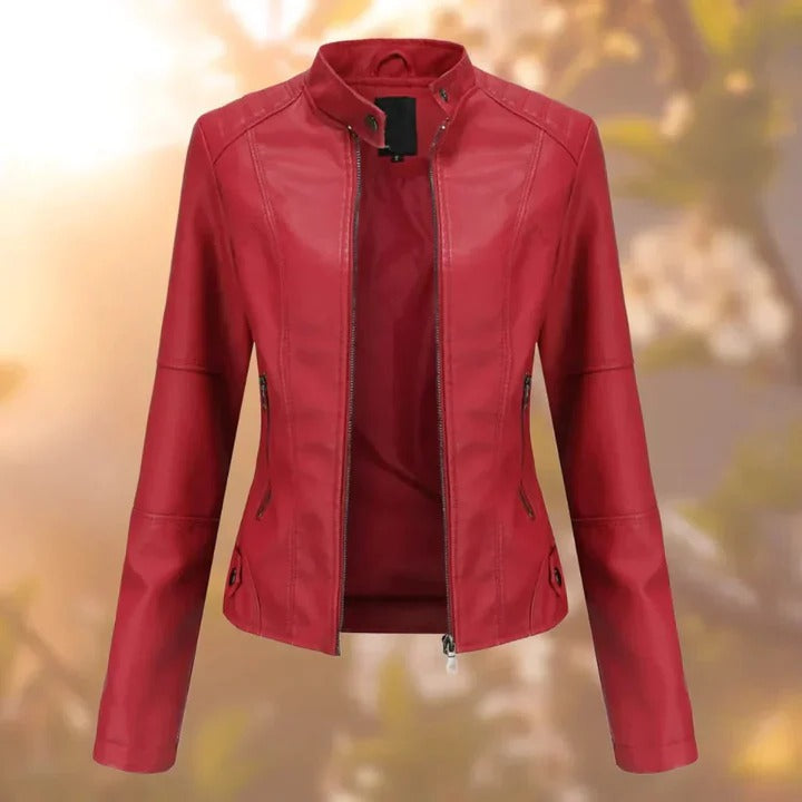 Leather Jacket for Women with Zipper and Pockets