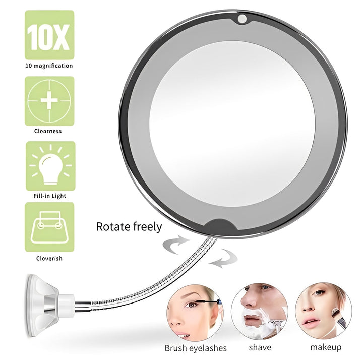 Lighted 10X Magnifying Flexible Mirror with 360 Degree Rotation