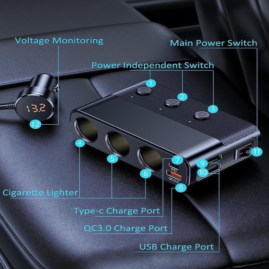 Heavy Duty 7-in-1 Car Cigarette Lighter Adapter with LED Voltage Display