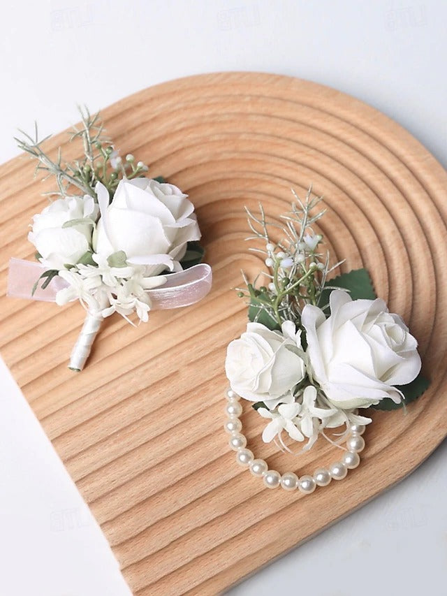 Havenholt White Rose Wrist Corsage and Buttonhole Set