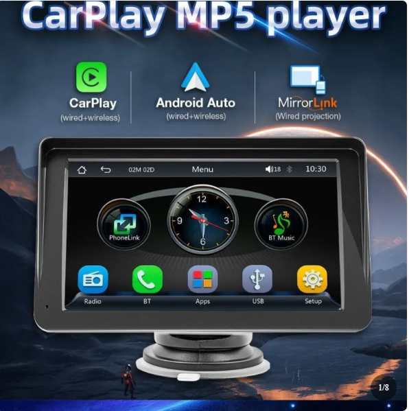 Portable 7 Inch Wireless CarPlay &amp; Android Auto Touchscreen Display