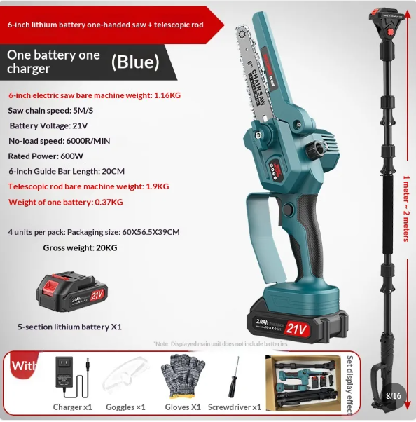 Cordless 6-Inch Mini Chainsaw with Telescopic Pole, 21V Battery-Powered One-Hand Saw