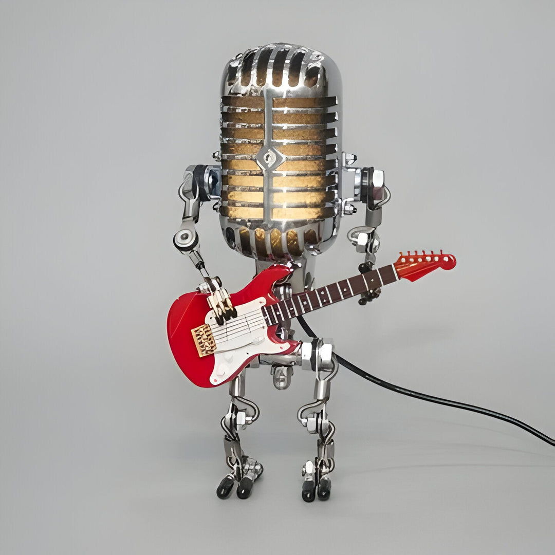 Vintage Metal Microphone Robot With Guitar Lamp