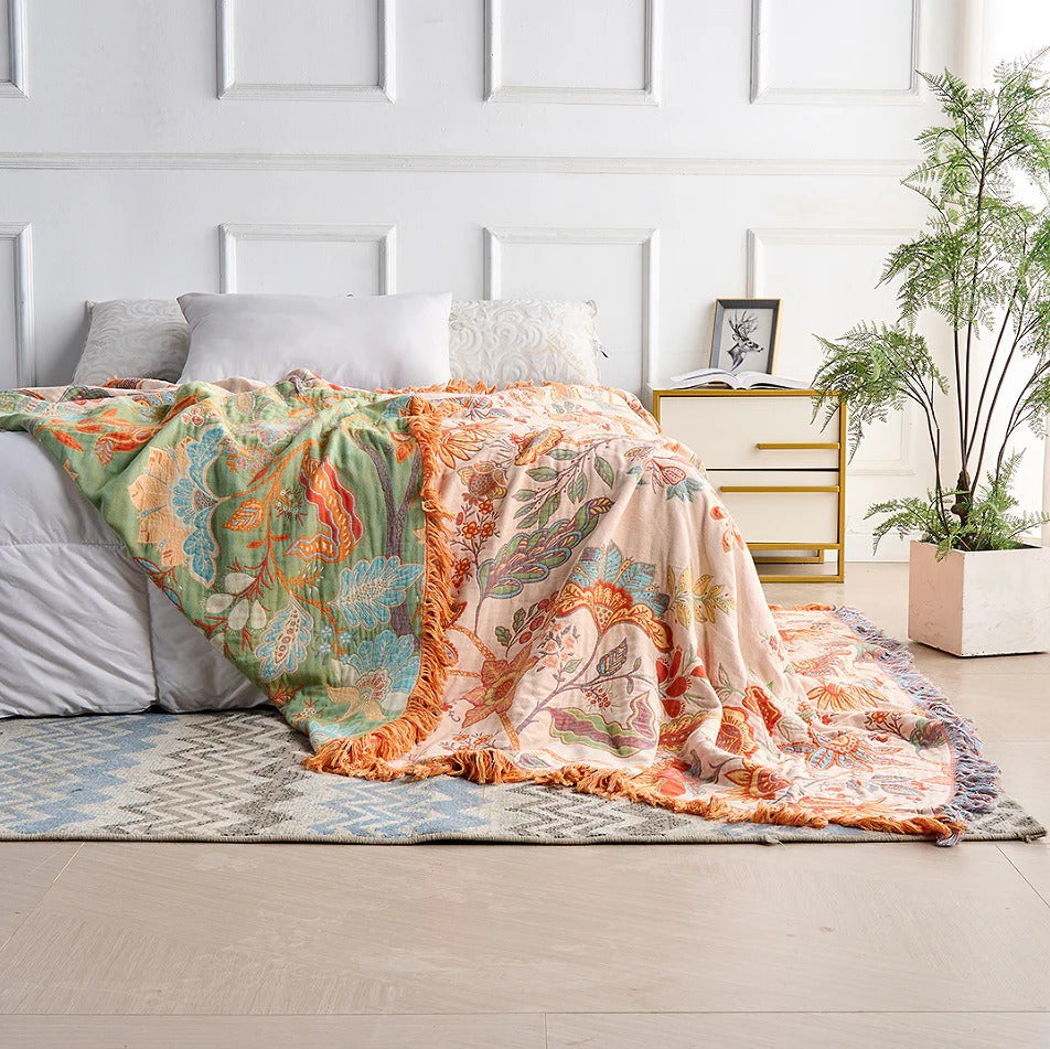 Havenholt Cotton Boho Throw with Floral Pattern