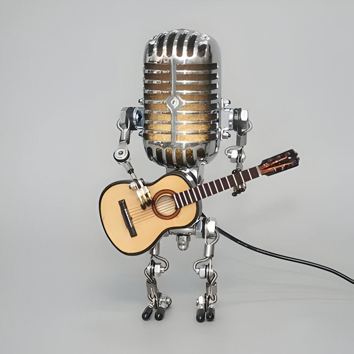 Vintage Metal Microphone Robot With Guitar Lamp