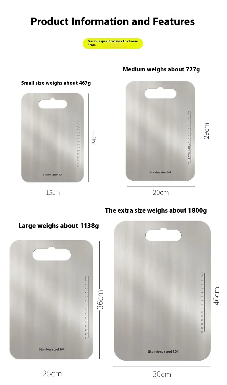 304 Stainless Steel Cutting Board with Rounded Edges and Handle