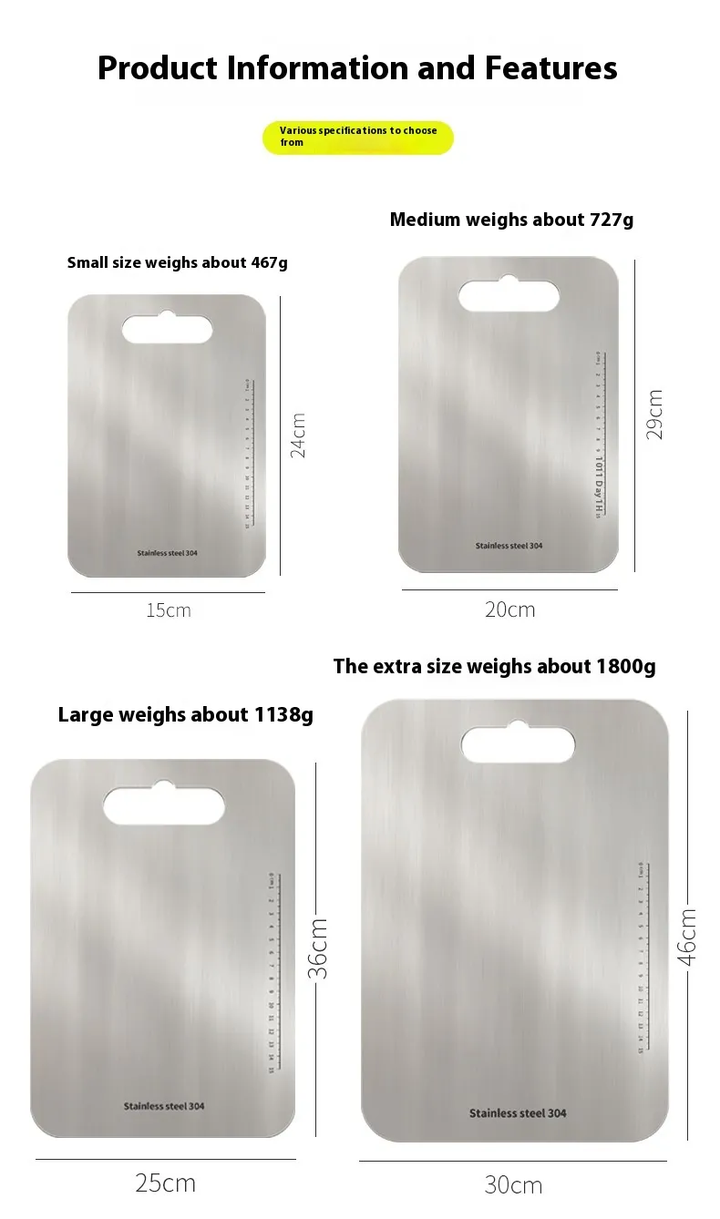 304 Stainless Steel Cutting Board with Rounded Edges and Handle