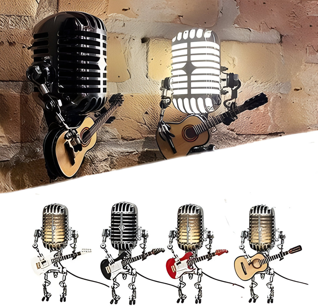 Vintage Metal Microphone Robot With Guitar Lamp