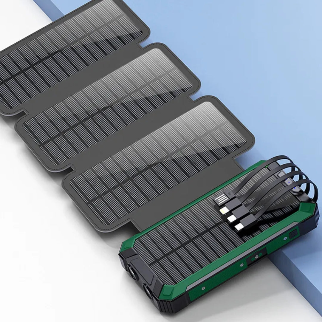 **20000mAh Solar Power Bank – Foldable Solar Charger with Wireless Charging &amp; Built-In Cables**