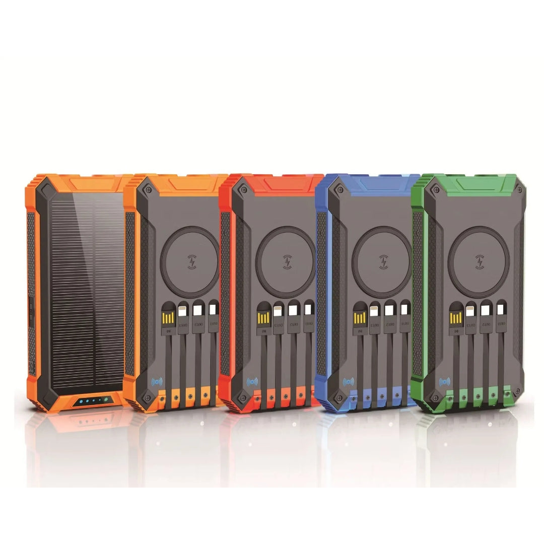 **20000mAh Solar Power Bank – Foldable Solar Charger with Wireless Charging &amp; Built-In Cables**