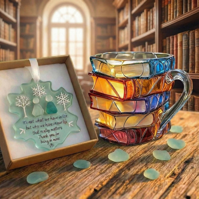 Book Stack Glass Mug with colourful Translucent Panels and Fused Handle